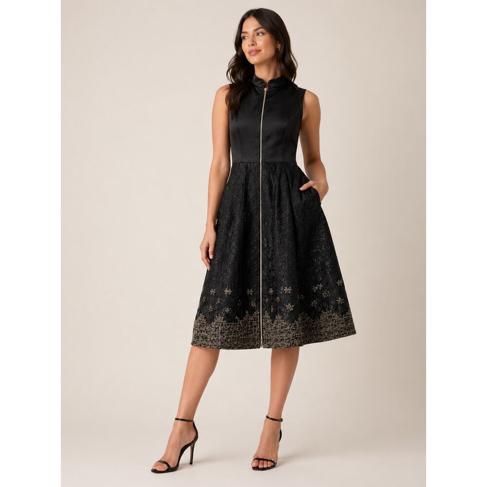 Ted Baker Black Gold Jacquard Zip Front Fit & Flare Dress size 2